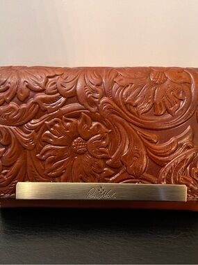 Patricia Nash Embossed Floral Leather Wallet in Cognac Brown